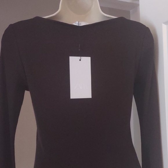 Zara Chocolate Brown Long Bell Sleeve Boat Neck T-Shirt MEDIUM - Picture 8 of 10